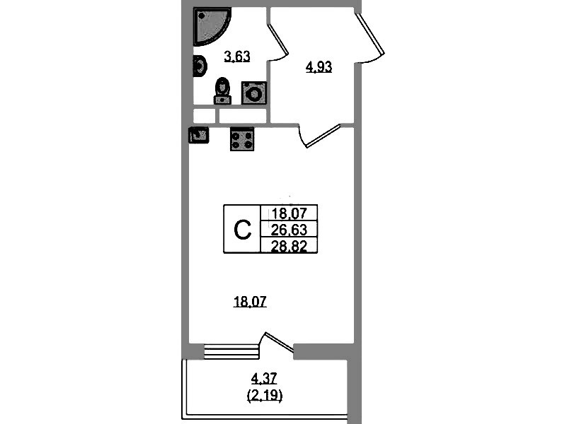 Квартира студия 28.82 м², 1/12 эт., ЖК «UP! Квартал Воронцовский»